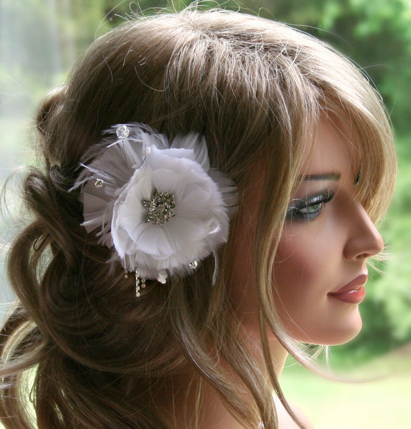 White Bridal Hair Accessory, Wedding Bridal Fascinator, Headpiece, Rhinestone Hair Flower Feather Fascinator