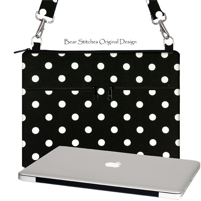 13" MacBook Pro Retina Display Laptop CrossBody, Retina Display Case,  Women' s Bag- 13"  Laptop Case,  Six Pockets, Polka Dots Black White