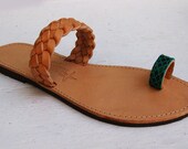 Greek leather sandals - Braid Natural with Green Snakelike toe