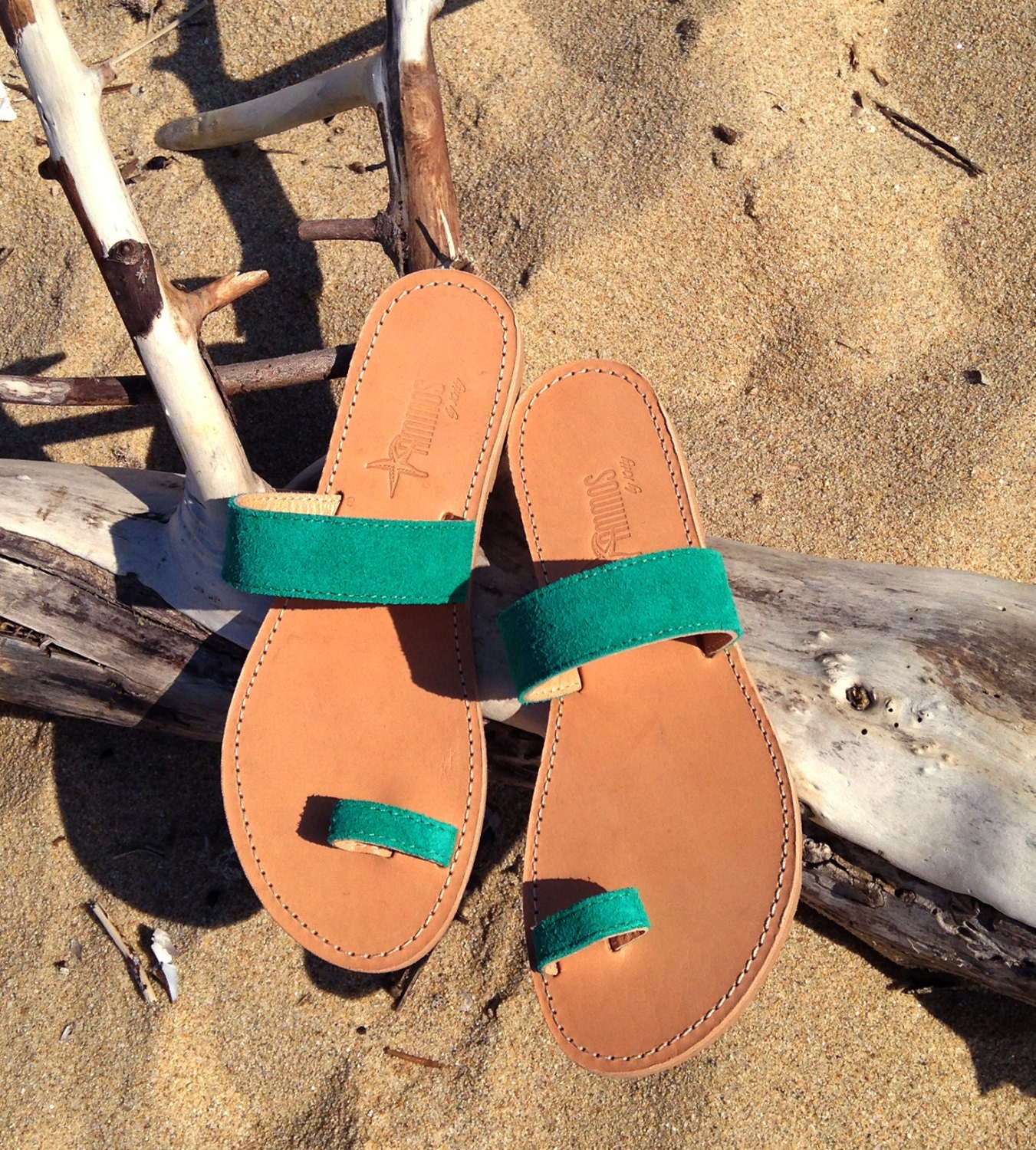 Greek Suede Leather sandals - Turquoise green