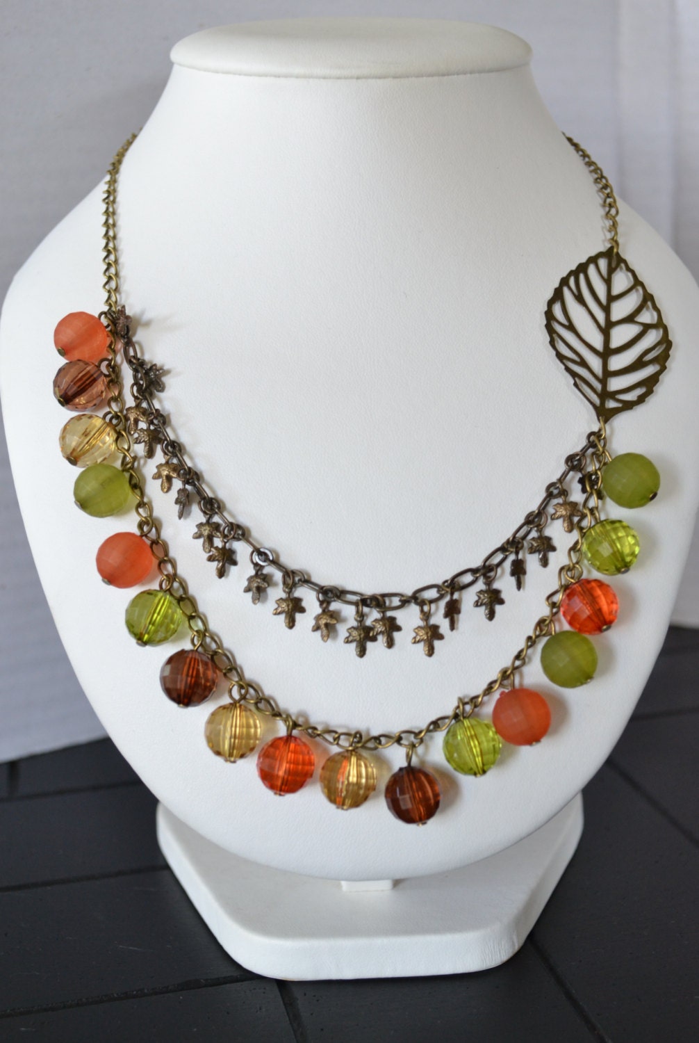 Necklace and Bracelet Set, Antiqued Brass Look Two stranded, Leaf Charms