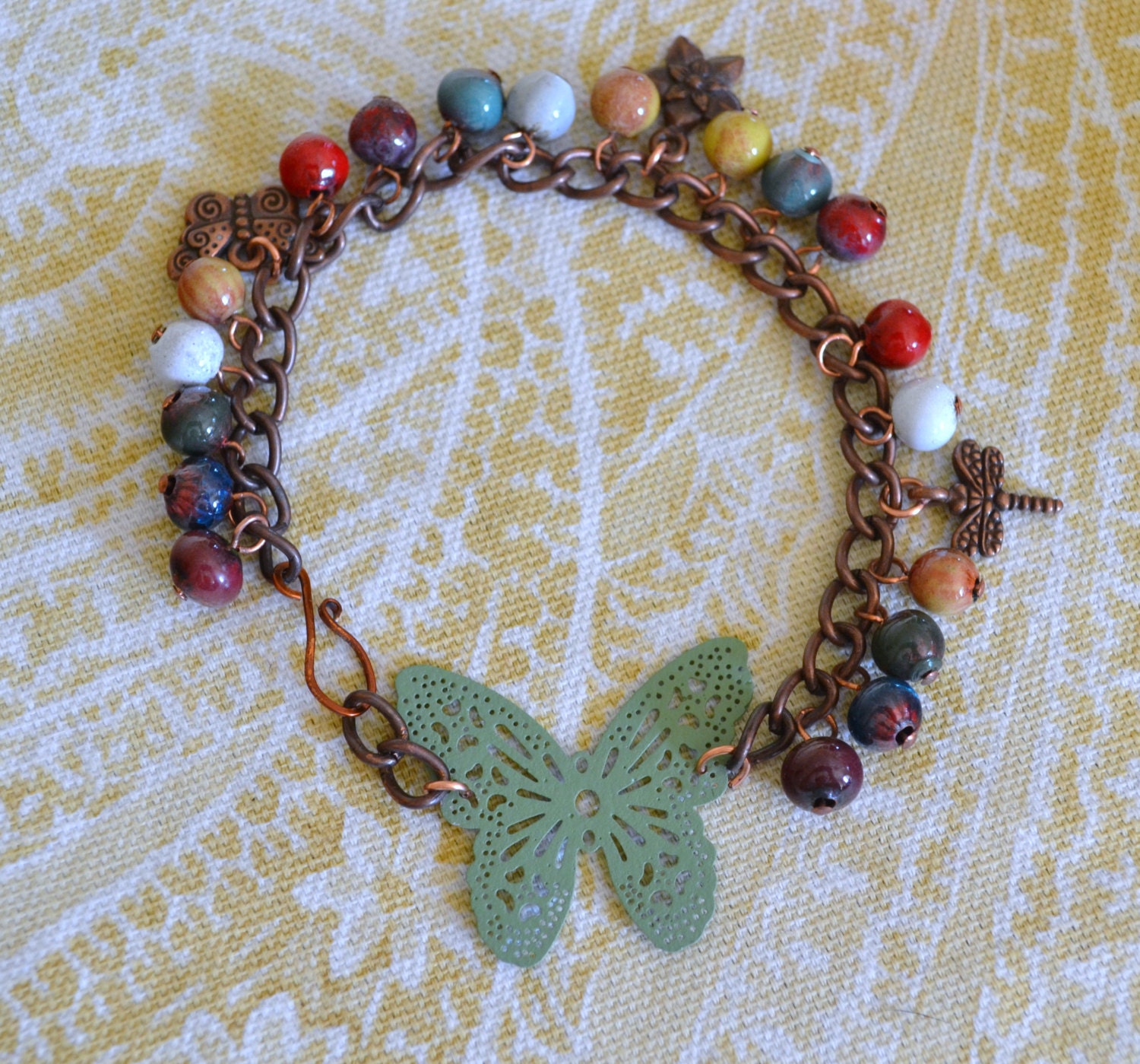 Bracelet, Butterfly and Charm Bracelet with Torch Fired Enamel Copper Beads