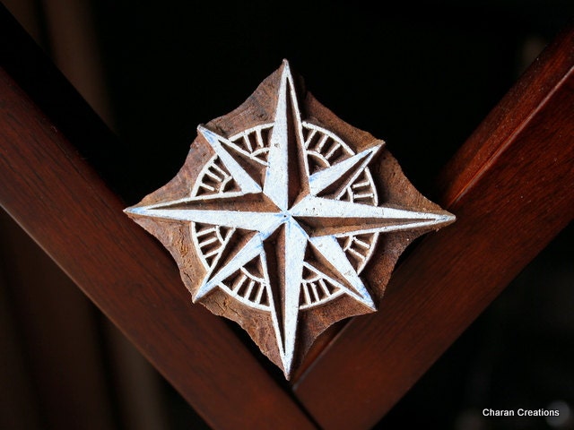 Hand Carved Indian Wood Textile Stamp Block- Compass