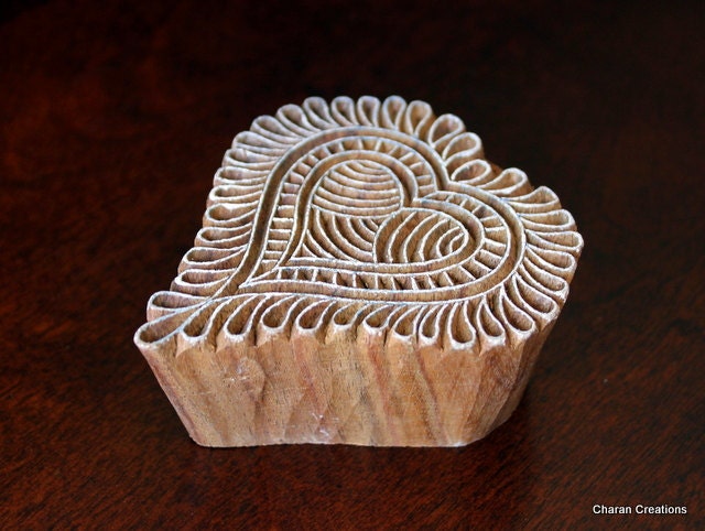 Hand Carved Indian Wood Textile Stamp Block- Modern Floral Heart Motif