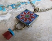 NECKLACE Mediterranean Style Mini Stained Glass, Ceramic Tile Earthenware Pottery Reproduction Pendant