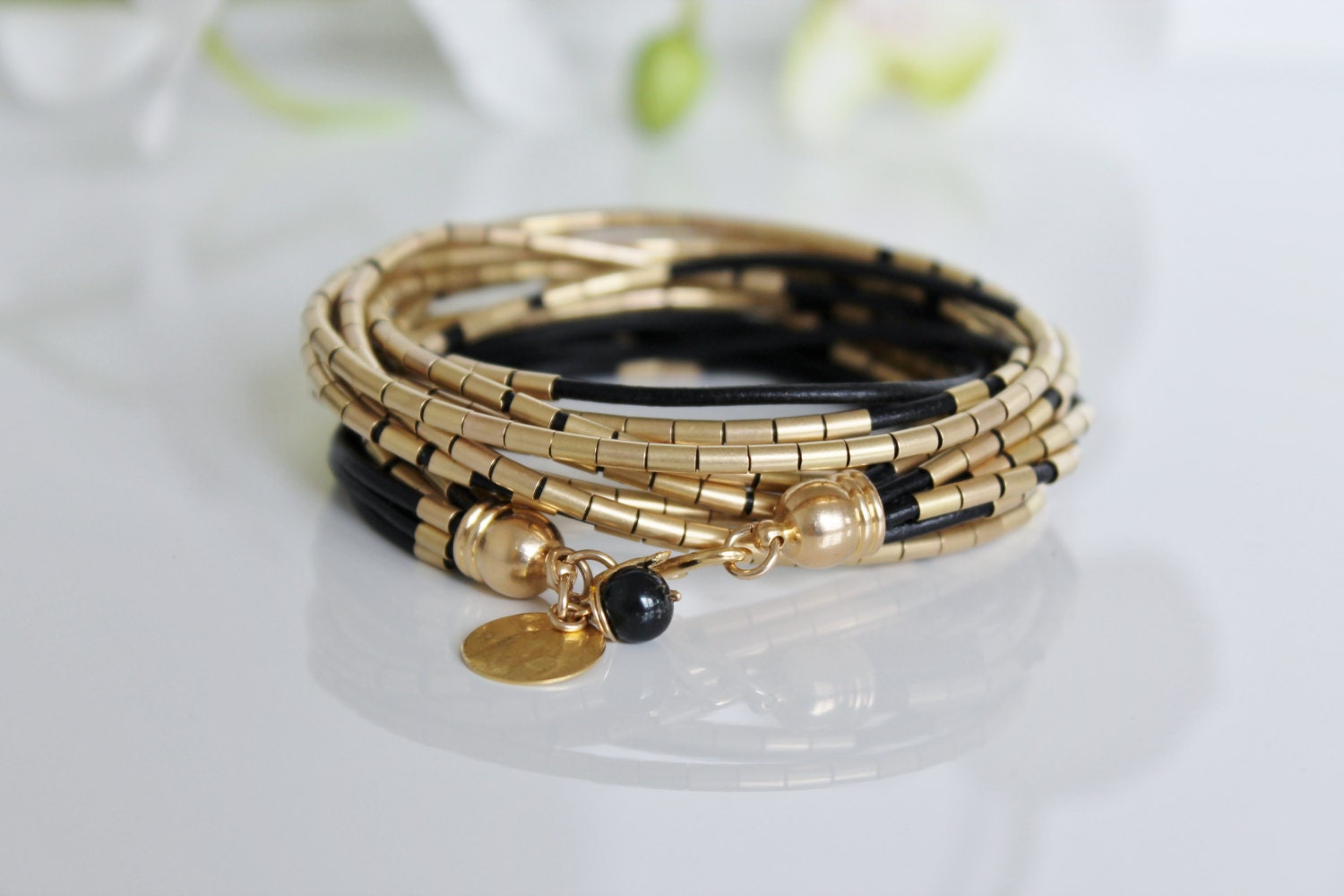 black leather bracelet,gold bracelet,charm bracelet,black bracelet,handmade bracelet,black jewelry