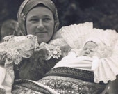 Vintage Photograph of Czech Mother and Baby in Ethnic Folk Costumes, Baptism