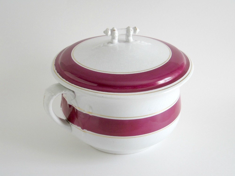 Antique Ironstone China Chamber Pot w/ Pink Band - Victorian Chic