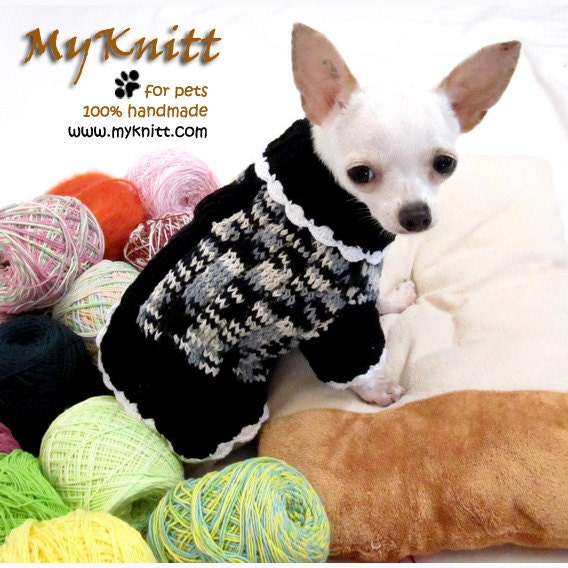 Black Grey White Chihuahua Clothing Handmade Crocheted Dog Sweater Unique Custom Pet Clothes D851