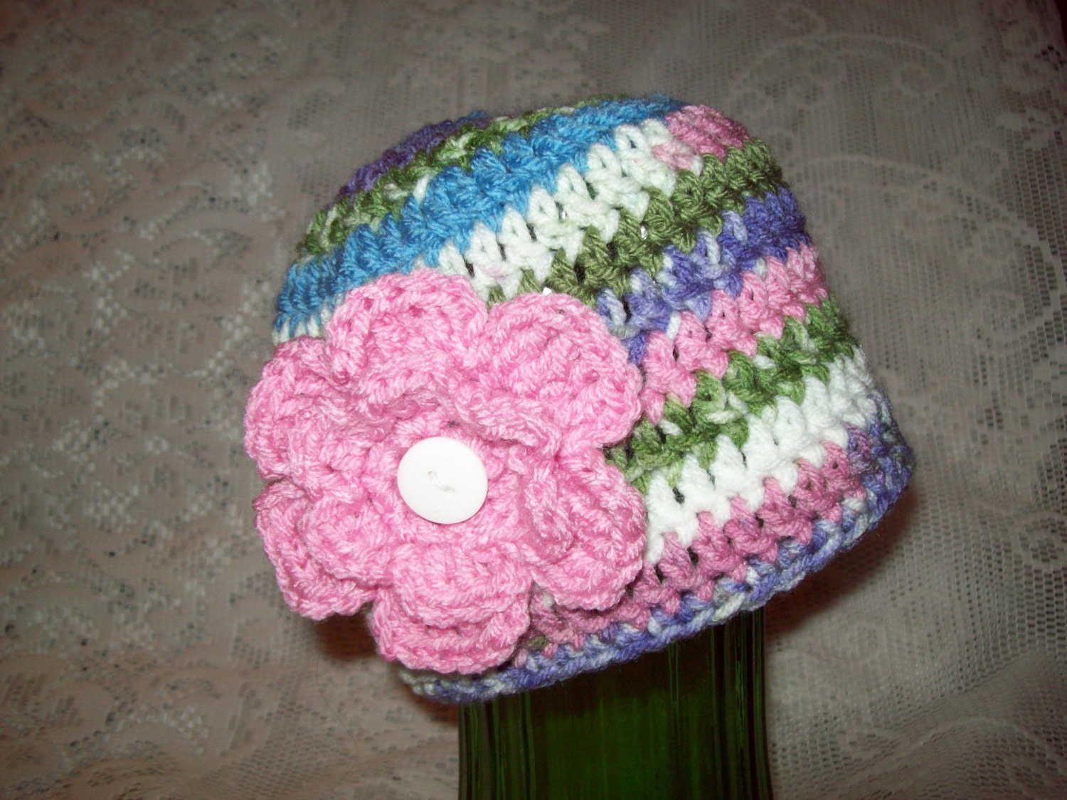 Boutique Crochet Baby Girl's Pink and Pastels Stripe Beanie Hat Cap 12-24M 16"