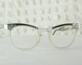 Vintage 50s Cat Eye Glasses 1960s Womens Eyeglasses Silver Aluminum Two Tone Browline Clear Horn Rim NOS Optical Frame 46/22 USA