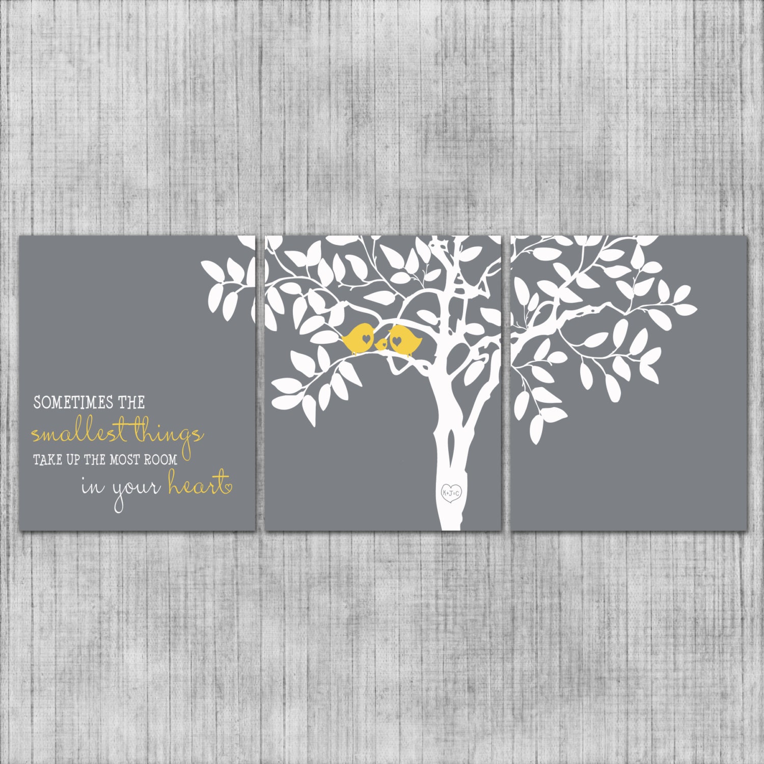 Nursery Wall Art - Custom Love Birds - Gray and Yellow - Baby or Kids Room - Set of 3 8x10 Prints