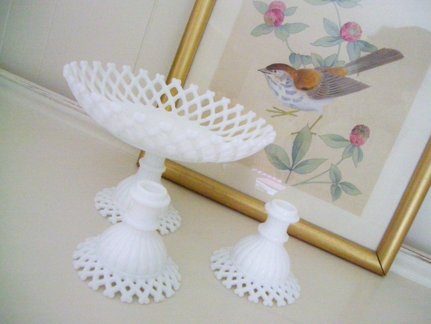 Westmoreland Milk Glass Lattice Edge Pedestal Bowl And Candle Holders