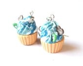 Kawaii Jewelry Blue Cupcake Earrings Polymer Clay Funky Earrings Silver Earrings Kiwi Love Heart