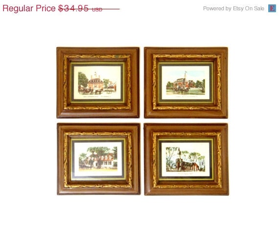 SALE Wall Hanging Print Set of 4 Vintage Framed Prints Colonial Williamsburg VA