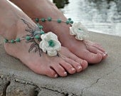 Floral Barefoot Sandals Colored Pearls Wedding Sandals Bridal Shoes Bridesmaids Footwear Beach Wedding Jade Ivory Toe Thong