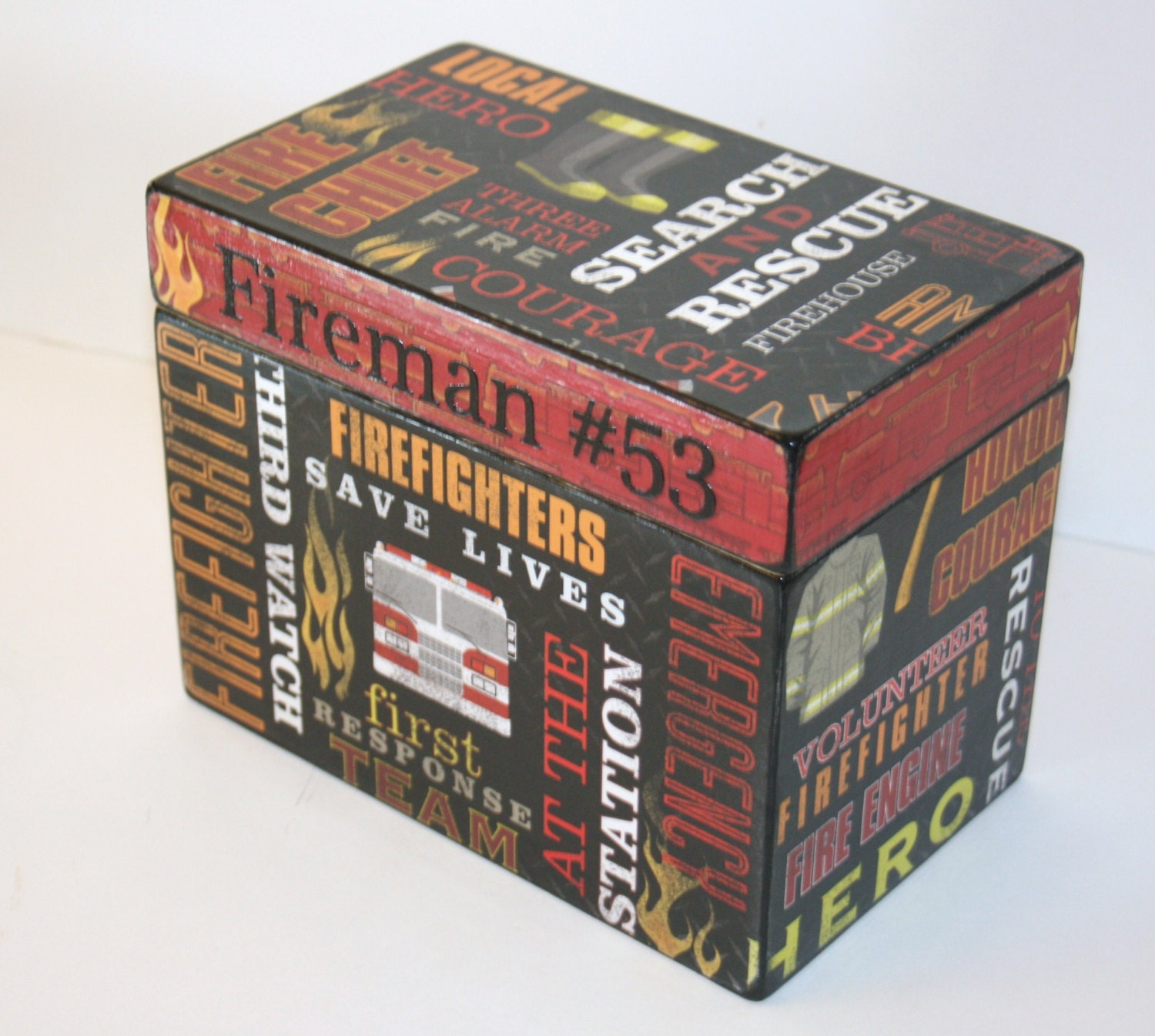 Recipe Box - Fire Man Black and Red Handmade 4x6 Wooden Recipe Box or Keepsake Trinket Box