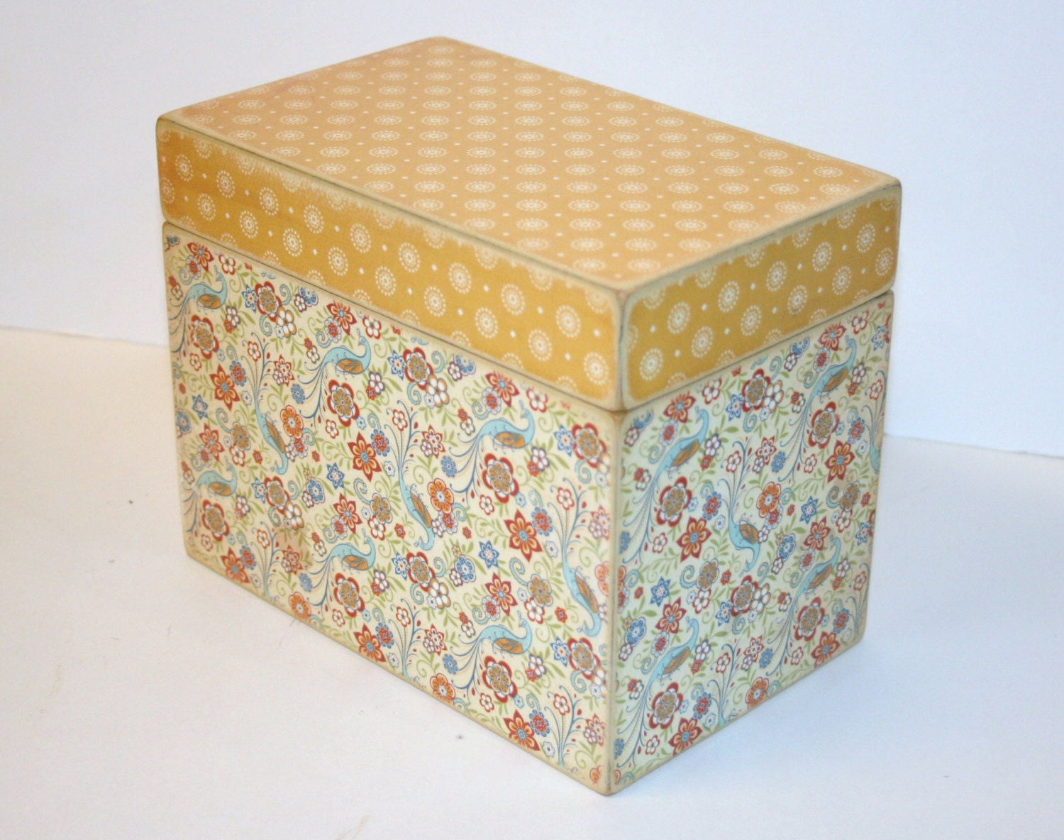Recipe Box - Yellow and Blue Floral Peacock Handmade 4x6 Wooden Recipe Box Address File Wedding Guest Book Box