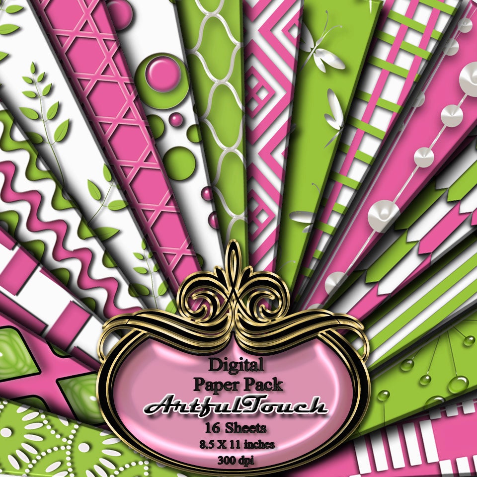 Digital Paper, Digital Scrapbook Paper Pack, Pink Green Damask, 16 Digital Background, (8.5" X 11" - 300 DPI) INSTANT DOWNLOAD