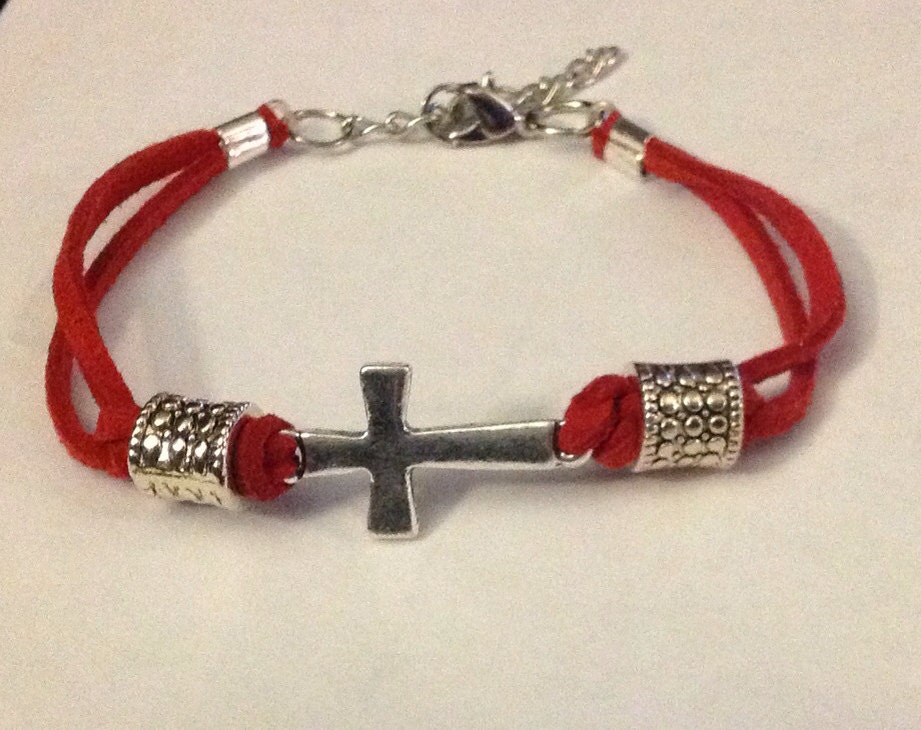 Cross & faux suede bracelet w beads 