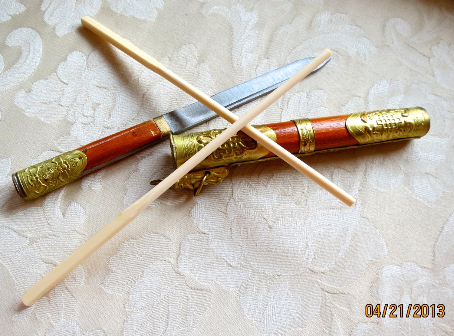 Ivory Chopsticks and Knife Set Traveling Hand Whittled Asian Oriental