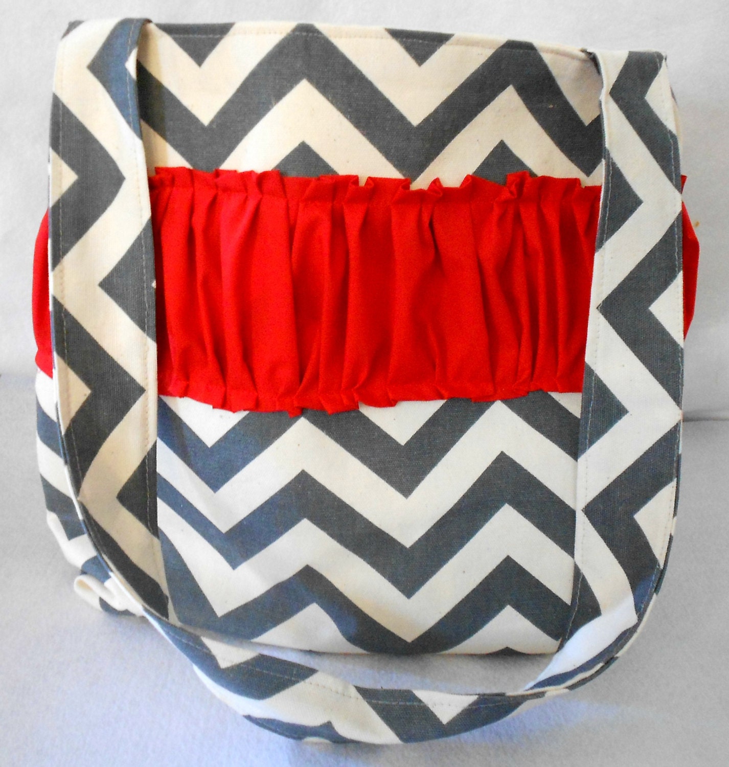 Large Chevron tote/diaper bag with ruffle pop of red