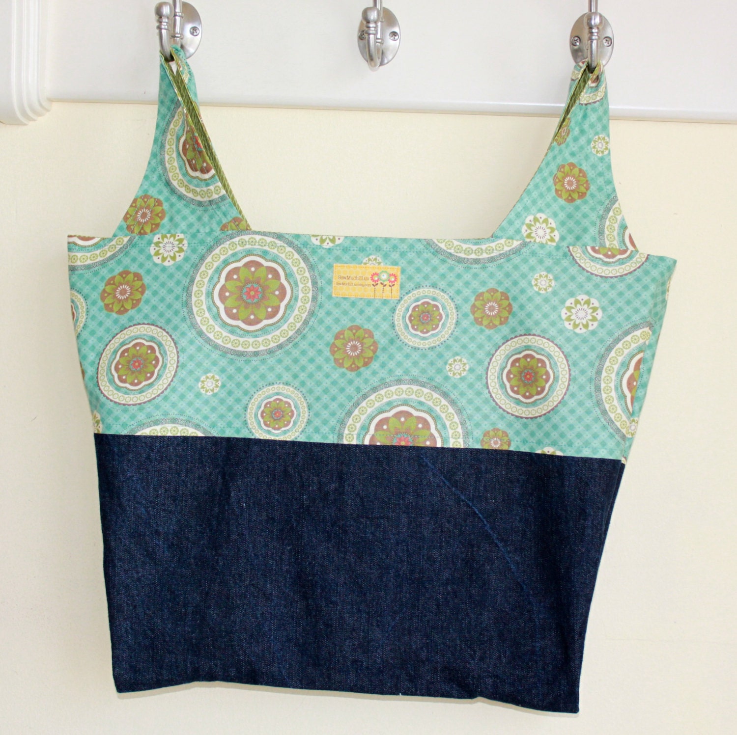 Thimbleberries Teal Dark Denim Reversable Market Tote Grocery Bag