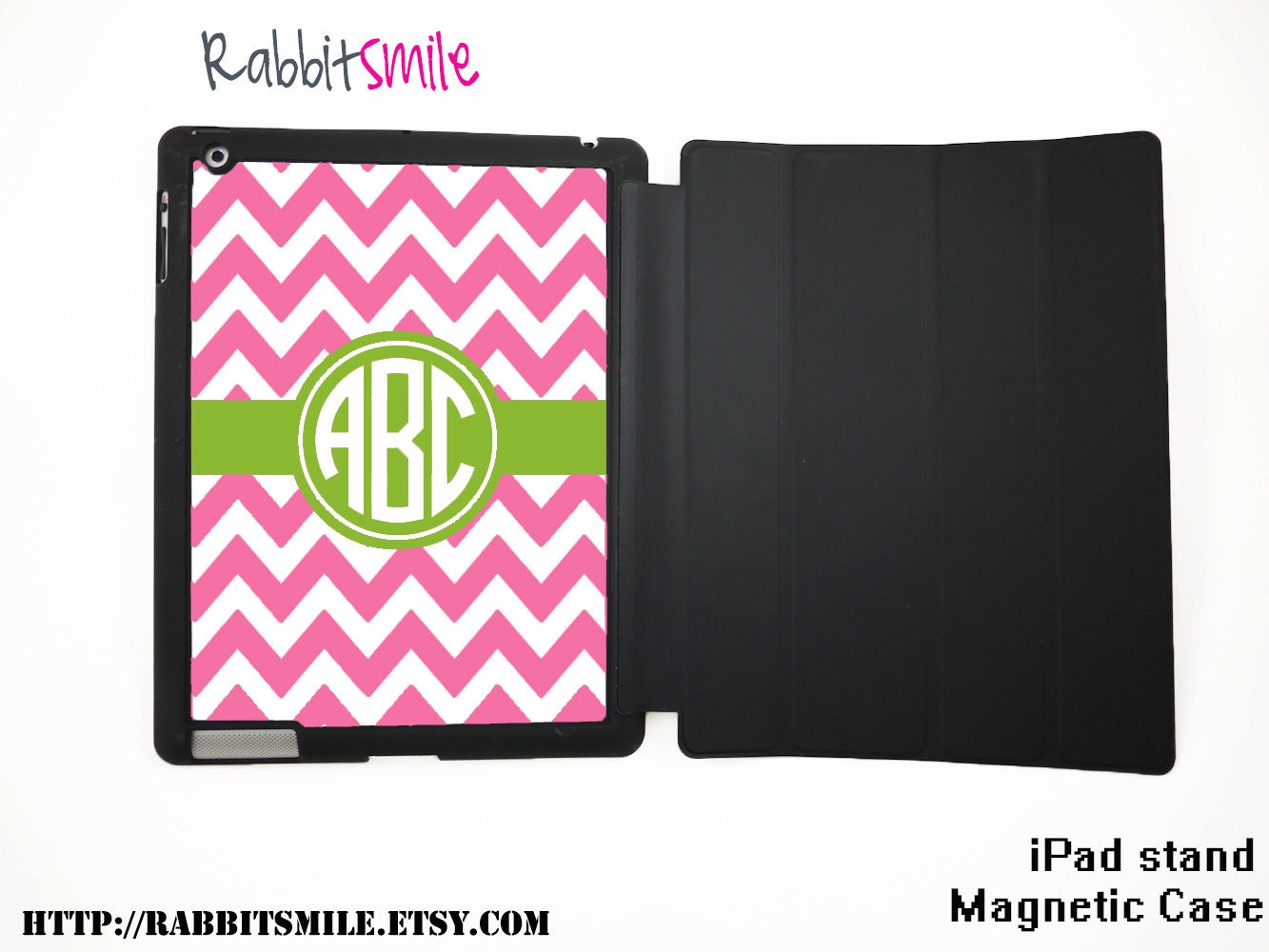 Personalized Monogram iPad 4 Case / The new iPad 3 / Monogrammed iPad Smart Cover / Flip Case / Magnetic Case - Pink lime green Chevron