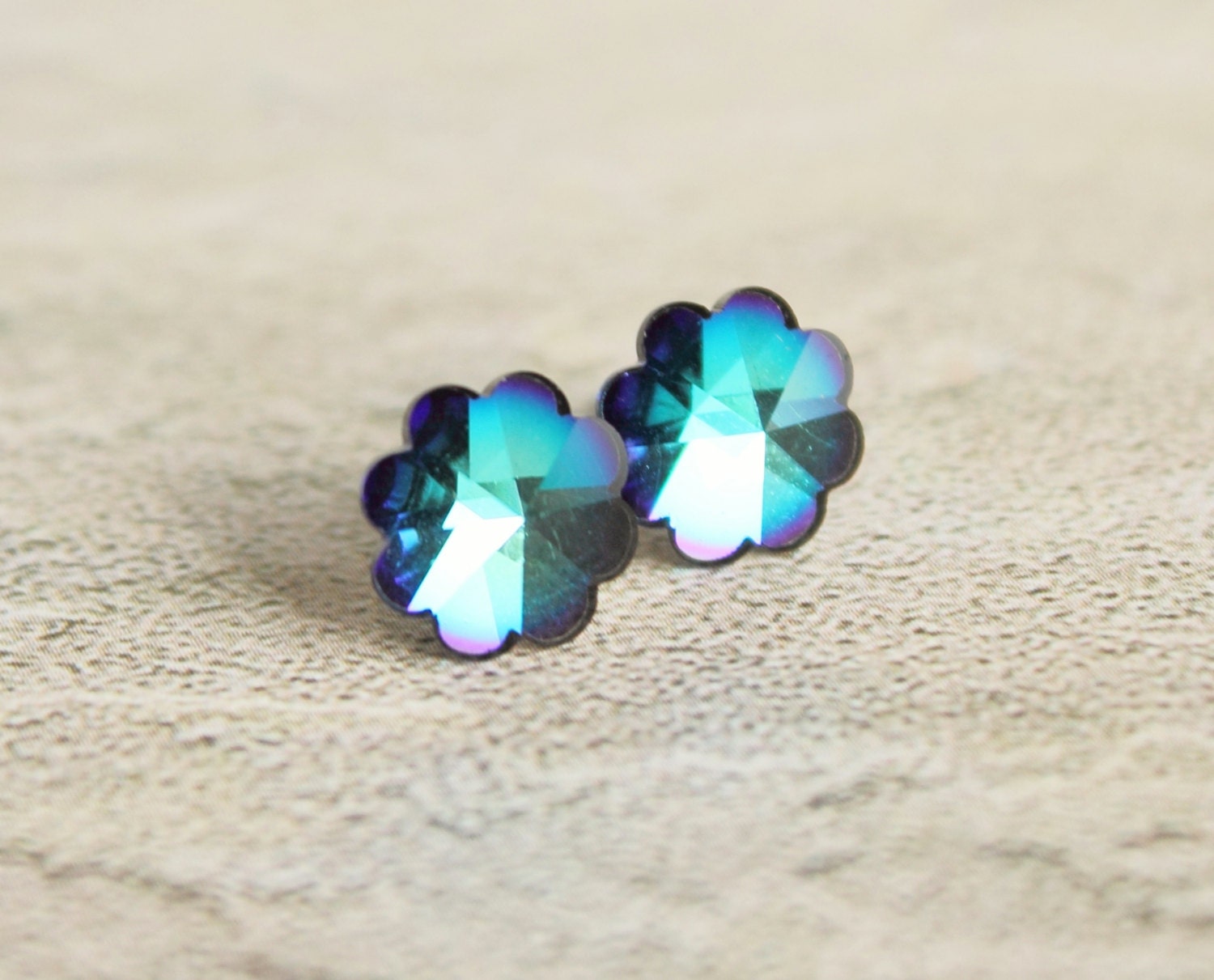 Super RARE, Vintage Swarovski Post, Bermuda Blue Flower Crystal, Petite Hypoallergenic Post, Something Blue, Swarovski Crystal Earring