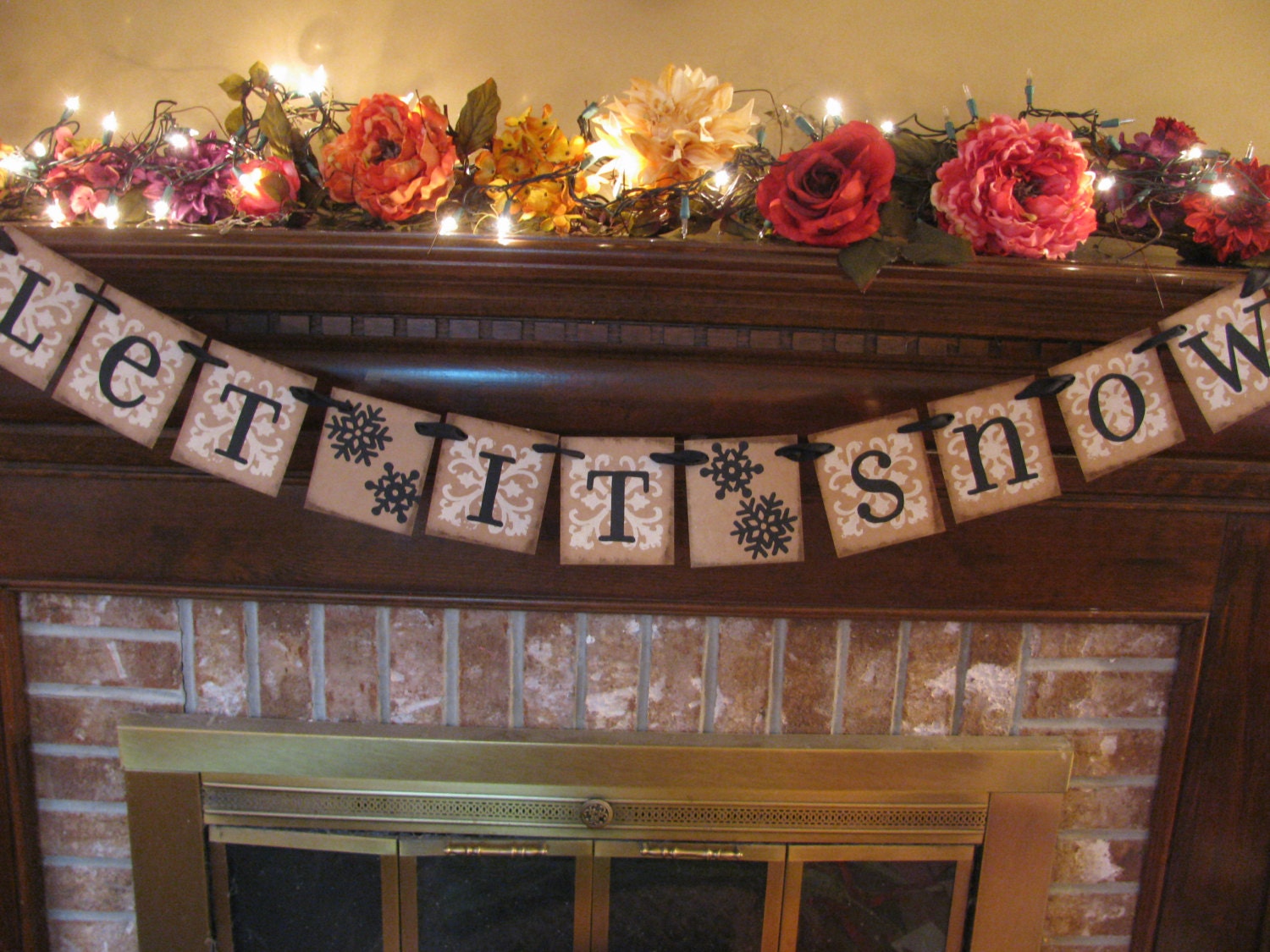 Christmas Banner Winter Garland Let it Snow bunting Classic Antique Style with Snowflakes