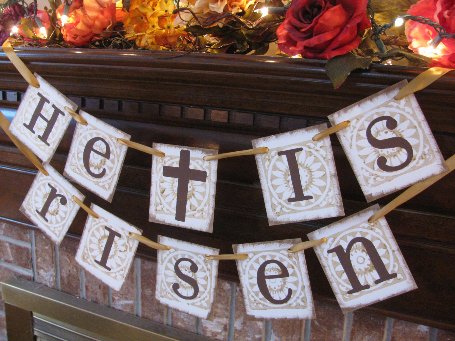 Easter Banner He is Risen Garland Sign Brown and Gold Can Custom Colors