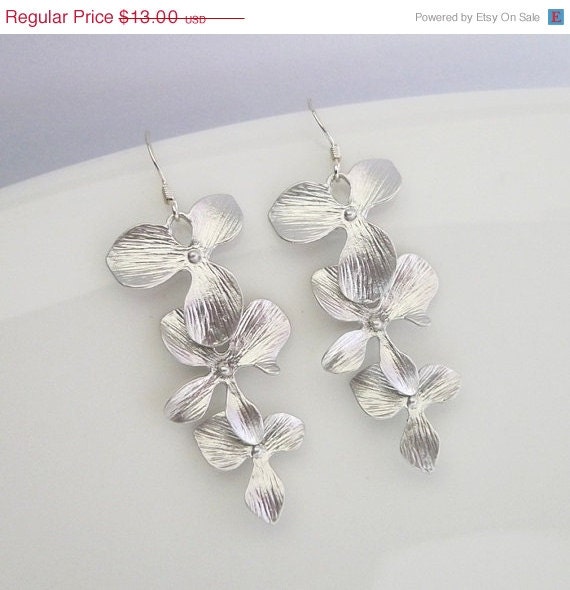 10% OFF Triple Orchid Earrings - Matt Silver Flower Bridesmaids Earrings - Dangling Sterling Silver Earrings