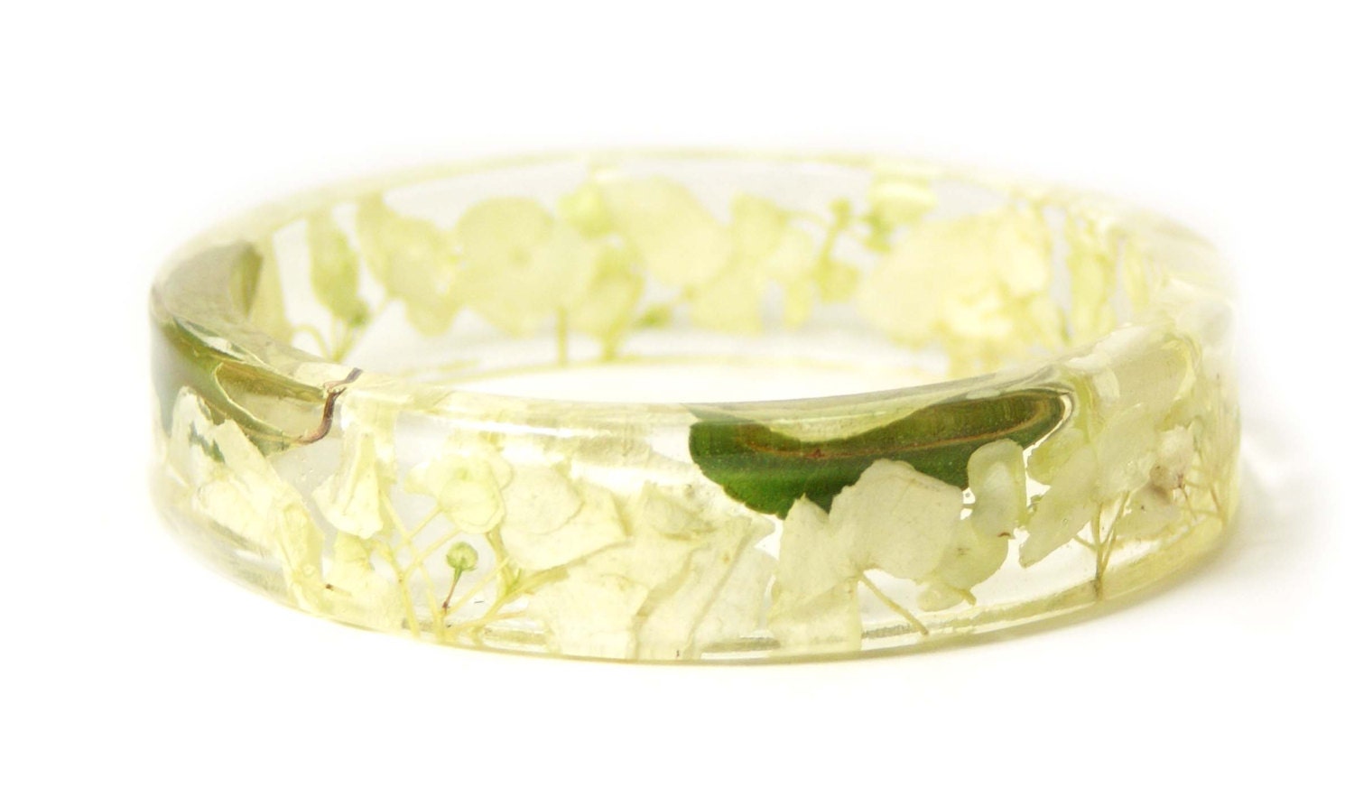 Resin Bangle- White Flower Jewelry-Flower Bracelet-Resin Jewelry- Green Bracelet- Green Leaf- Green Jewelry- Resin Bangle