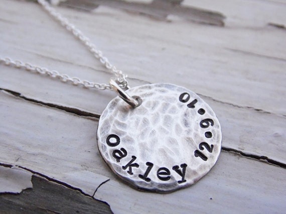 Mother Necklace with Kids Name and Birthdate Stamped Sterling Silver Distressed Disc