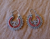 Mexican Filagree Silver Medium Hoops with Coral beads - Oaxacan Style - Frida Style