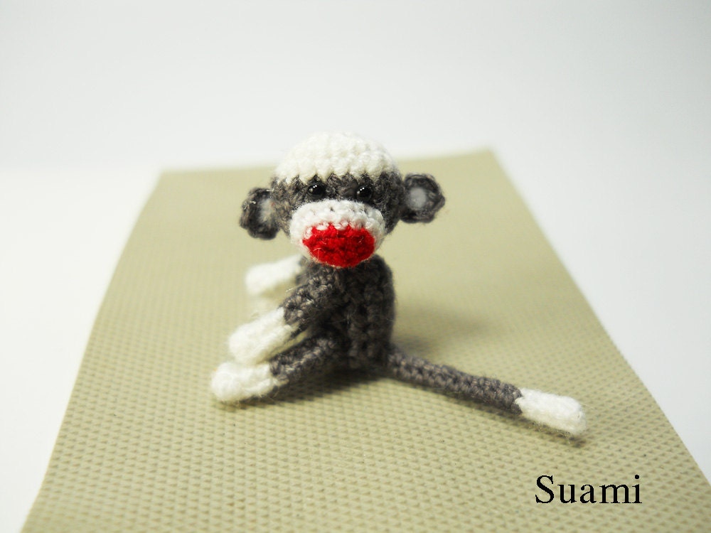 Tiny Sock Monkey 1 inch - Micro Amigurumi Crochet Miniature Sock Monkey Stuff Animal - Made To Order
