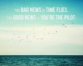 Time Flies Motivational Print, Beach Decor with Typographic Print Wall Quotes Teal Aqua Turquoise Seagulls Ocean Gift for Mom.