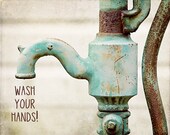 Childrens Bathroom Decor, Fun Child's Bath Art, Kids Art for Bathroom, Teal, Beige, Wash your Hands, Typographic Print, Print With Type.