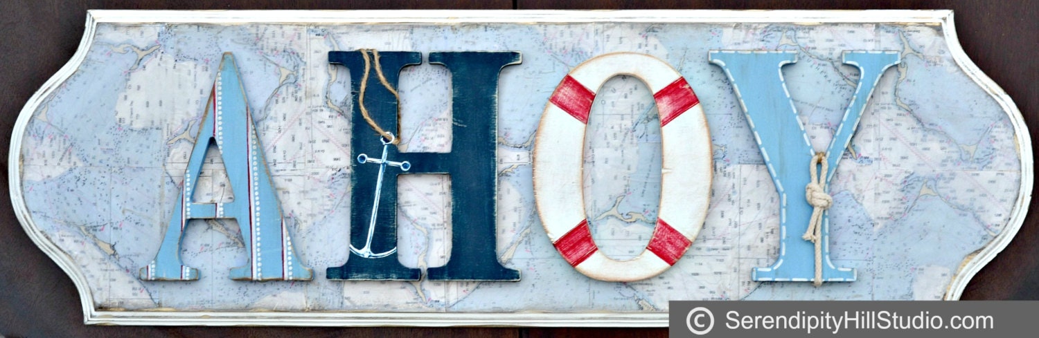 3D ORIGINAL, AHOY, distressed sign, wall letters, boys art,  sailing room, vintage nautical map, nursery decor, rustic, cottage art