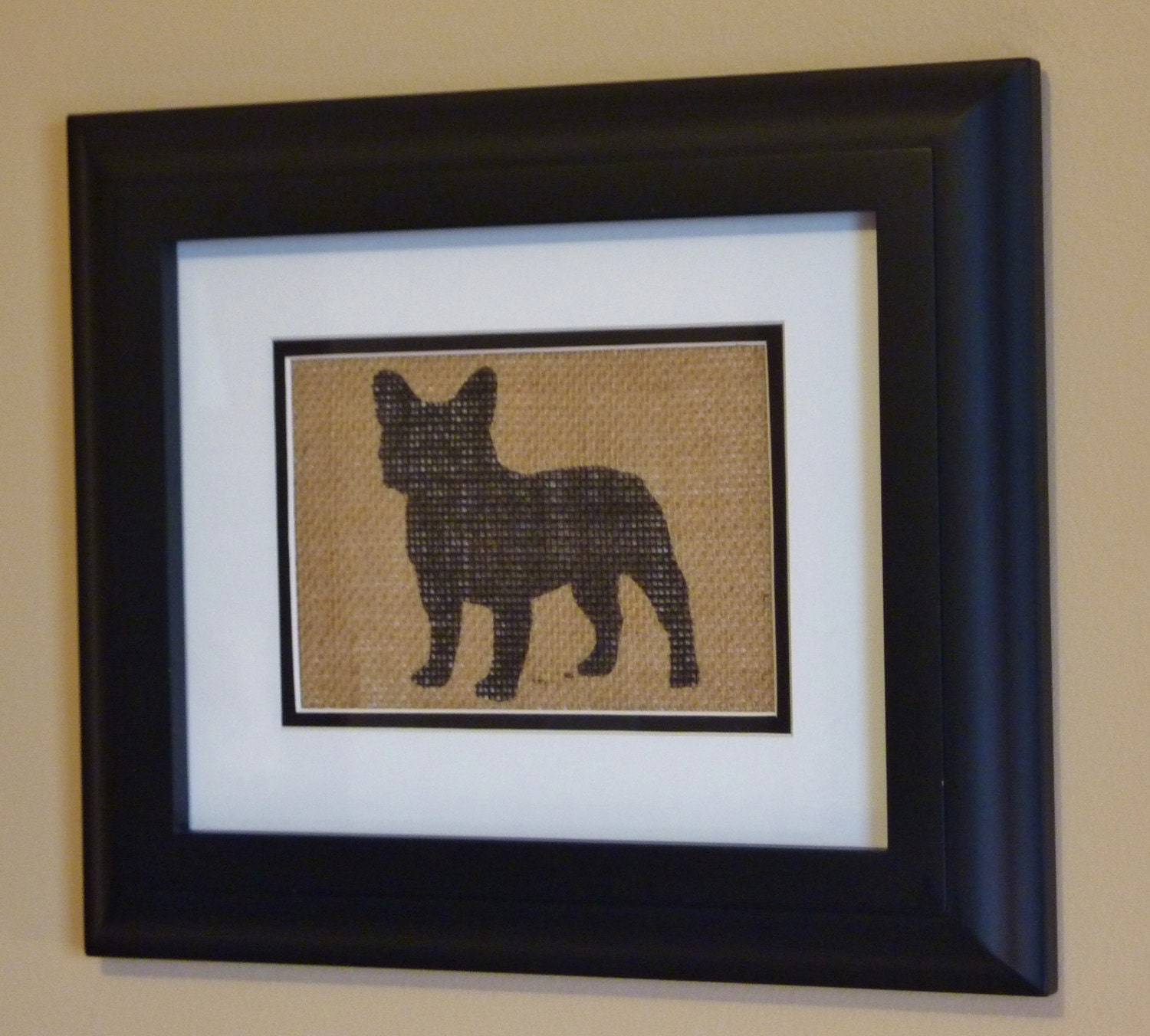 Stenciled French Bulldog Silhouette Double Matted Burlap Art Print- 8x10