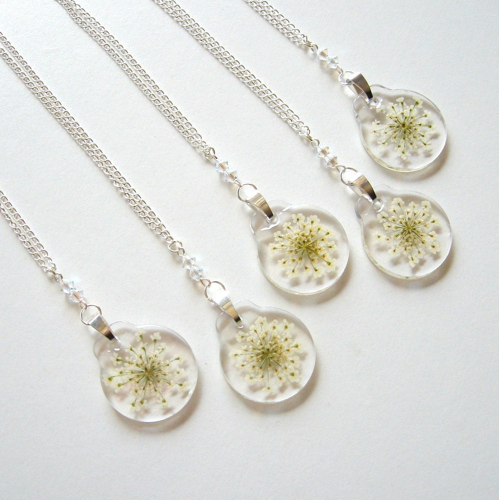 Wedding Bridesmaids Queen Anne's Lace Real Flower Garden Necklaces with Swarovski Moonlight Crystals - set of five - Bridesmaids Gift