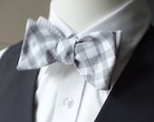 Gray Gingham, Bow Tie - mens, gray stripe on reverse- freestyle bowtie, adjustable, self tie - just for men - I am a maker of  mens bowties