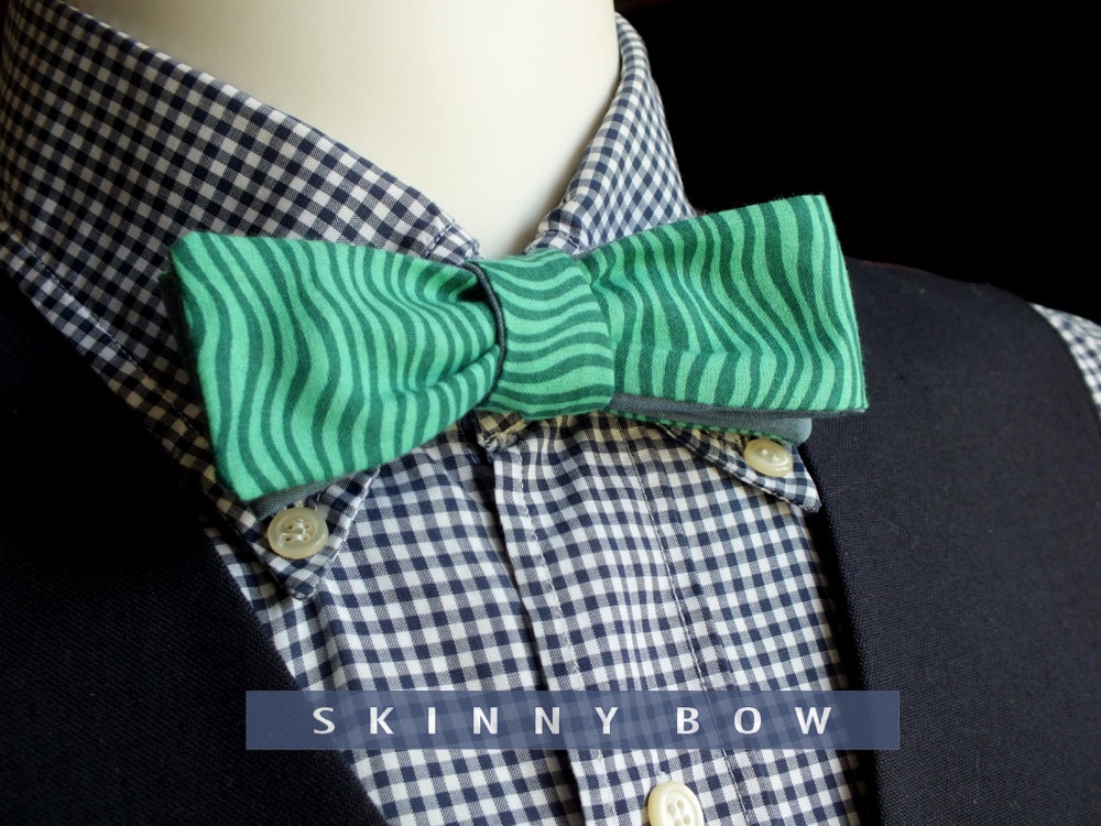 mens bowtie, skinny style, green stripes with a plain blue on reverse of bow tie, self tie, freestyle for men.