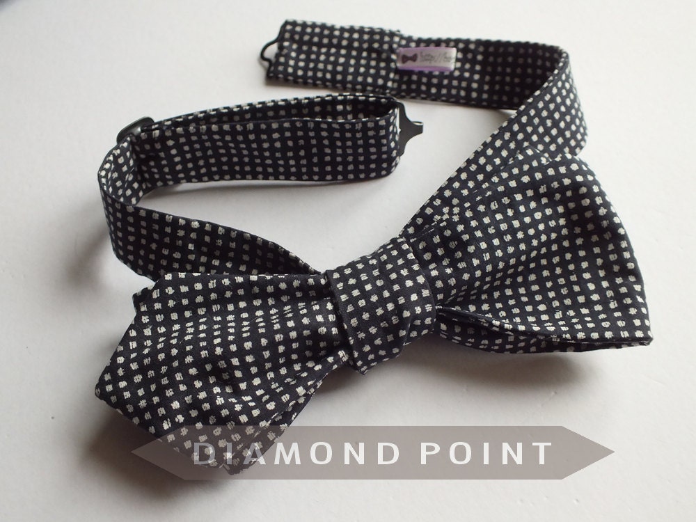 Bow Tie - for men - diamond point - self tie, mens freestyle, midnight blue, top quality designer fabric, cotton.