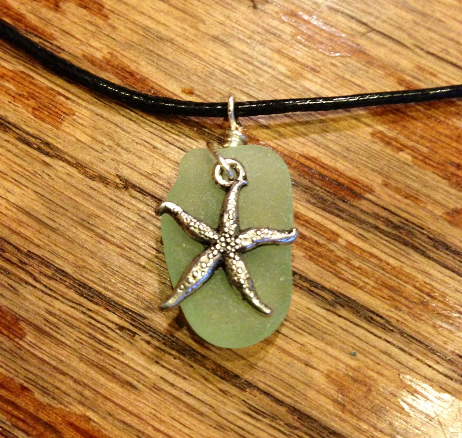 Authentic Surf Tumbled Sea Glass With starfish charm on Imitation Leather Necklace