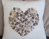 Shell button heart motif hand knit pillow