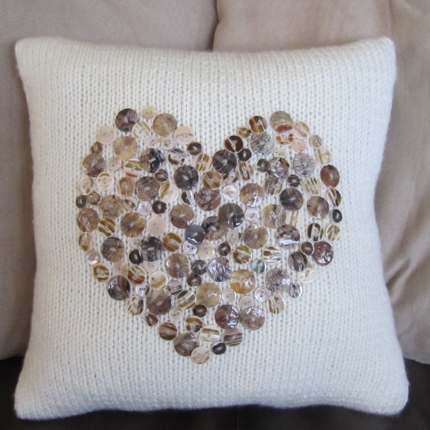 Shell button heart motif hand knit pillow
