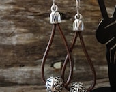 Boho Leather Wrap Dangle Silver Ball Earrings