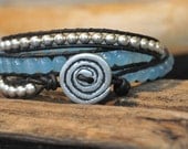 Custom 6mm Blue Jade and Silver Leather 3 Wrap Bead Bracelet