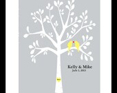 Unique Wedding Gift, Personalized Wedding Gift, Love Birds Art in Rustic Tree   Anniversary or Engagement Gift Grey
